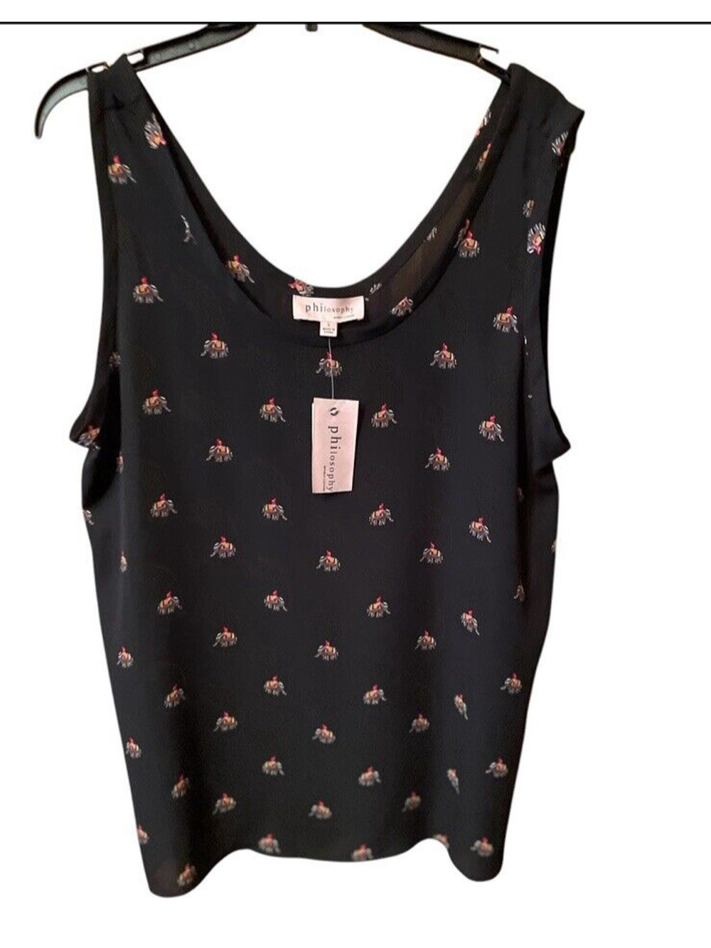 Woman’s Tank Top  Size Large Philosophy V-Neck Elephant Print Black Red Gold NWT